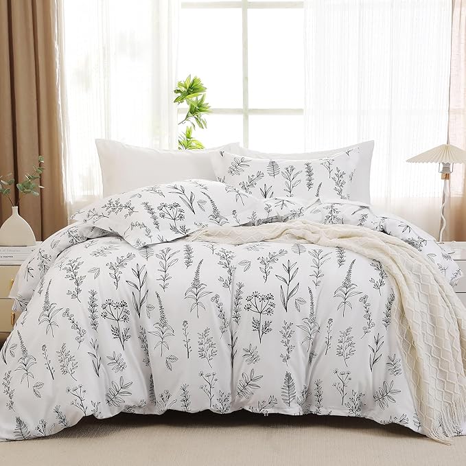 MUXHOMO White Full Comforter Set, Elegant Floral Print Bed in a Bag 7 Pieces, Ultra Soft & Breathable Reversible Botanical Pattern Bedding Set with Comforter, Sheets, Pillowcases, and Shams