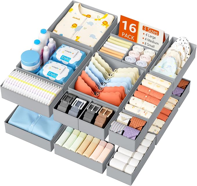 DIMJ Drawer Organizer Clothes - 16 Pack Baby Dresser Organizer for Nursery, Foldable Drawer Organizer Bins for Closet Bedroom Organization, Fabric Clothes Storage Dividers for Underwears, Socks, Bras by DiMJ