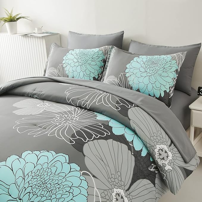 Yiran 7 Pieces Bed in a Bag Floral Comforter Set Green Flowers Bedding Set Soft Microfiber King Boho Comforter Sets with 1 Comforter 1 Flat Sheet 1 Fitted Sheet 2 Pillowshams and 2 Pillowcases