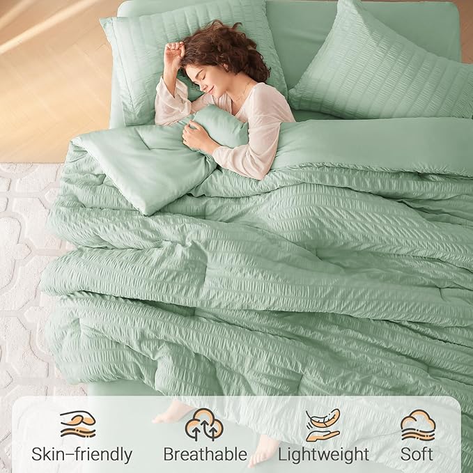 MUXHOMO 5 Pieces Twin XL Comforter Set, Seersucker Bed in a Bag Twin XL Size, All Season Luxury Bedding Set with Comforter, Flat Sheet, Fitted Sheet, Pillowcase & Sham, Sage Green