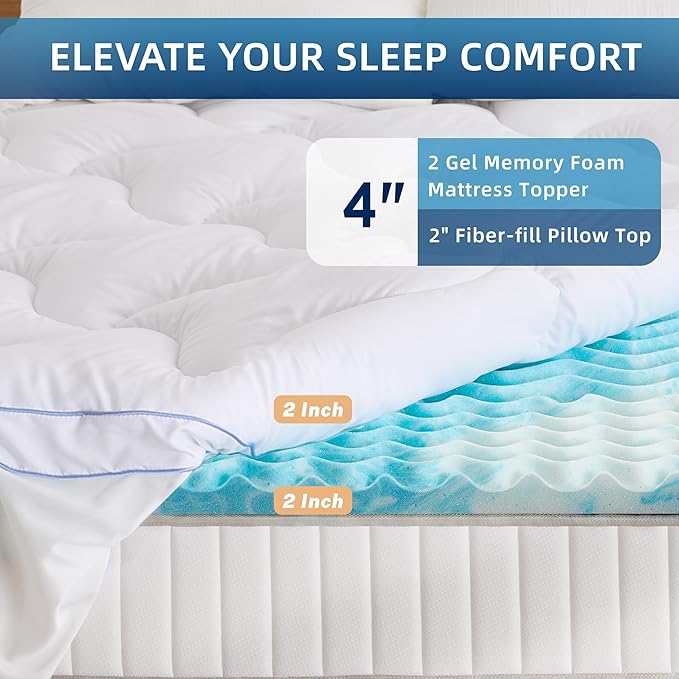 Dual Layer 4 Inch Memory Foam Mattress Topper Queen, 2 Inch Cooling 5-Zone Gel Memory Foam Plus 2 Inch Down Alternative Pillow Top Mattress Topper, with Deep Pocket, Support for Back Pain