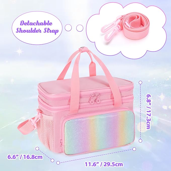 GRAOSO Double Layer Jewelry Organizer Storage for Kids Girls, Travel Jewelry Case Bag, Portable Jewelry Box with Handle and Detachable Shoulder Strap for Necklaces, Earrings, Rings, Pink (Case Only) - Image 6