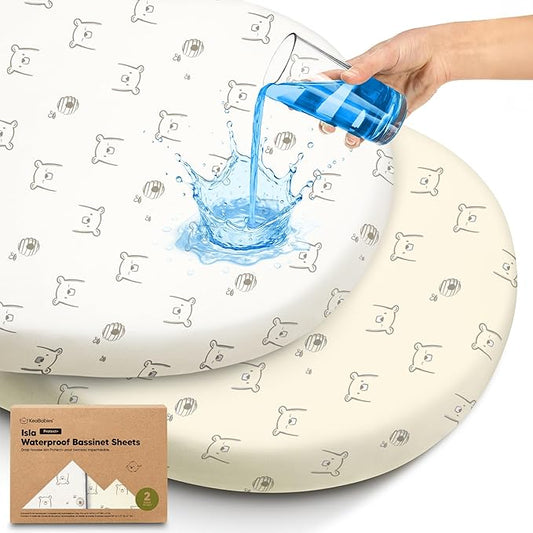 2-Pack Waterproof Bassinet Sheets Boy, Girl - 33x17 Baby Bassinet Mattress Protector Cover, Viscose Derived from Bamboo, Compatible with Graco, Baby Delight,Halo Bassinest Swivel Sleeper (Bumble Bear)