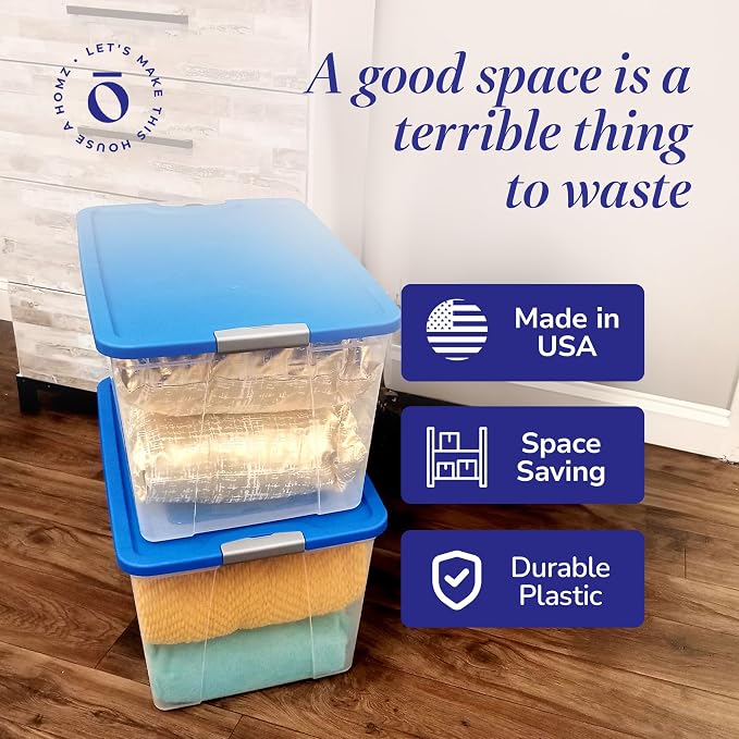 HOMZ 4-Pack Secure Latch, Clear Plastic Storage Organizer Bins, 64 Quart, Blue Lid - Stackable Container Boxes for Bedroom, Bathroom, Garage, and Office Organization - Image 5