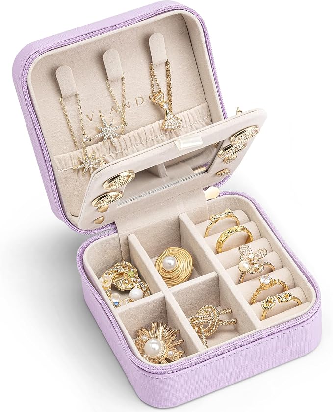 VLANDO Small Travel Jewelry Box Organizer - Girls Women Gift Rings Earrings Necklaces Jewelry Storage Display Case with Mirror Purple by VLANDO
