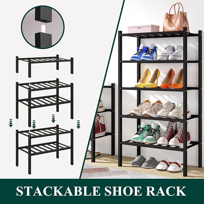 Smiry Shoe Rack, 4 Tier Small Bamboo Shoe Organizer, Stackable Free Standing Wooden Shoe Storage Shelf for Closet, Entryway, Front Door Entrance, Black - Image 4