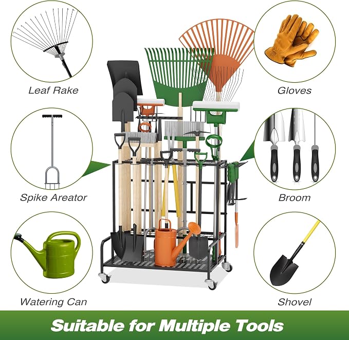 Garden Tool Organizer Rack with Wheels Up to 39 Tools, Heavy-Duty Steel Yard Tool Organizer for Garage Storage with 12 Hooks, Broom Holder & Garden Tool Rack for Shed, Patio, Outdoor Use, Black - Image 4