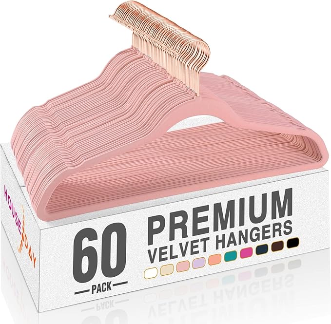 HOUSE DAY Pink Velvet Hangers 60 Pack, Premium Non-Slip Felt Clothes, Sturdy Heavy Duty Coat, Durable Hangers for Suits, Space Saving with No Hanger Mark, 360° Swivel Rotating Rose Gold Hook by HOUSEDAY