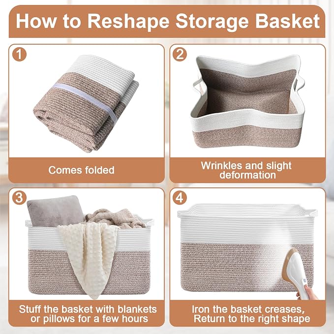 75L Extra Large Blanket Basket for Living Room - Cotton Rope Laundry Hamper Woven Baskets XXL Storage Bin with Handles for Dirty Clothes, Kids, Pets, Toys, Bedroom, 22" x 17" x 12", White & Brown - Image 7