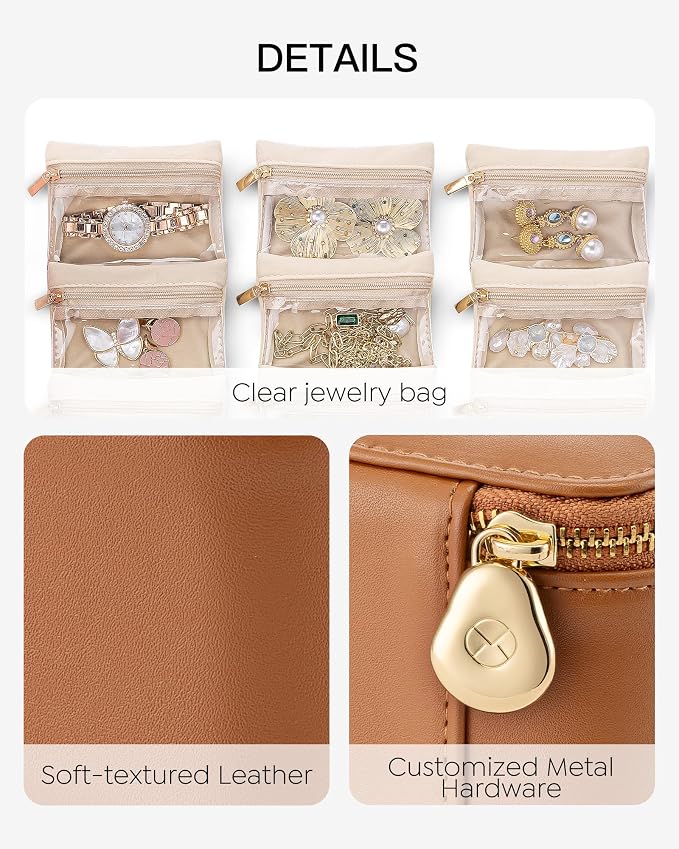 Vlando Jewelry Travel Case,Travel Jewelry Organizer with Clear Velvet Jewelry Bags 6Pcs Zipper Pouch for Women-Brown - Image 2