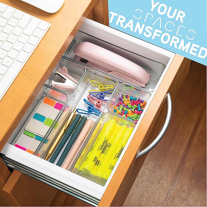 primebox Six Pieces - Clear Plastic Drawer Organizer Bins - Stackable, Non-Slip, 3 Sizes - Image 2