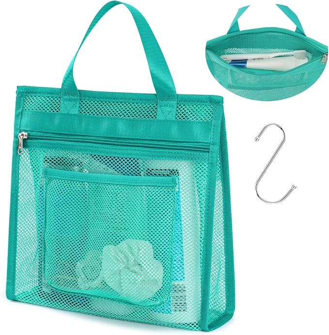F-color Mesh Shower Caddy Portable Hanging - 3 Pockets Small Shower Bag Tote for Camping, Gym, Travel, Toiletry, Quick Dry Bathroom Essentials with S Hook, Mint Green by F-color