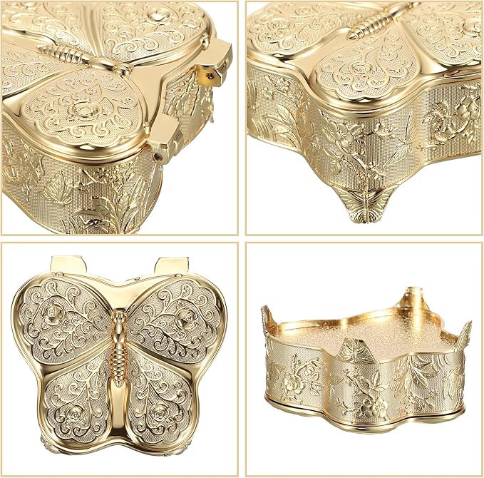 Hipiwe Vintage Jewelry Box Decorative Treasure Chest Butterfly Shape Trinket Keepsake Storage Box Gold Necklace Earring Holder Gift for Women, Small - Image 8