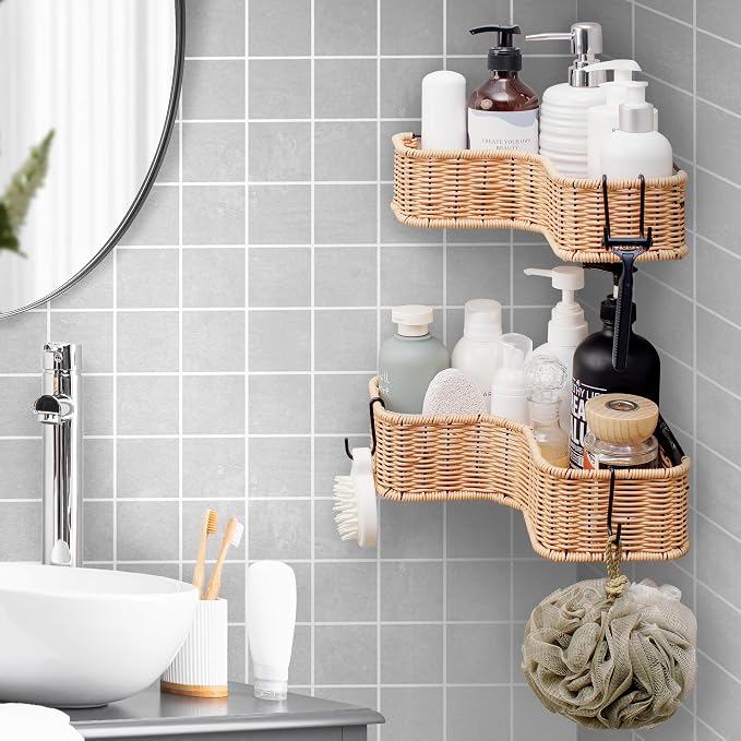 GRANNY SAYS Corner Shower Caddy, 2 Pack Rustproof Corner Shelves, Wicker Shower Organizers and Storage, Inside Shower Shelf for Home Decor - Image 3
