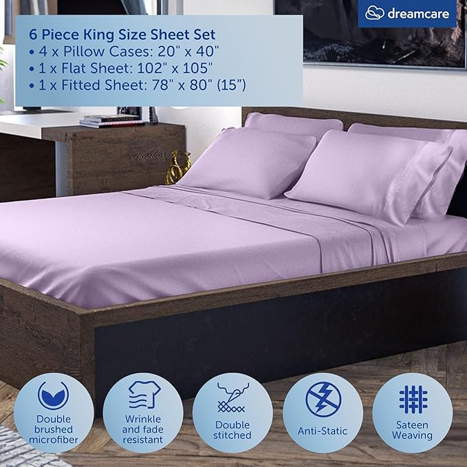 DREAMCARE King Size Sheets Set - 6 pcs Breathable Cooling Bed Sheets - up to 15" Deep Pocket King Sheet Set with Side Pockets - Extra Soft 100% Brushed Hypoallergenic Hotel Luxury Bedding - Lavender