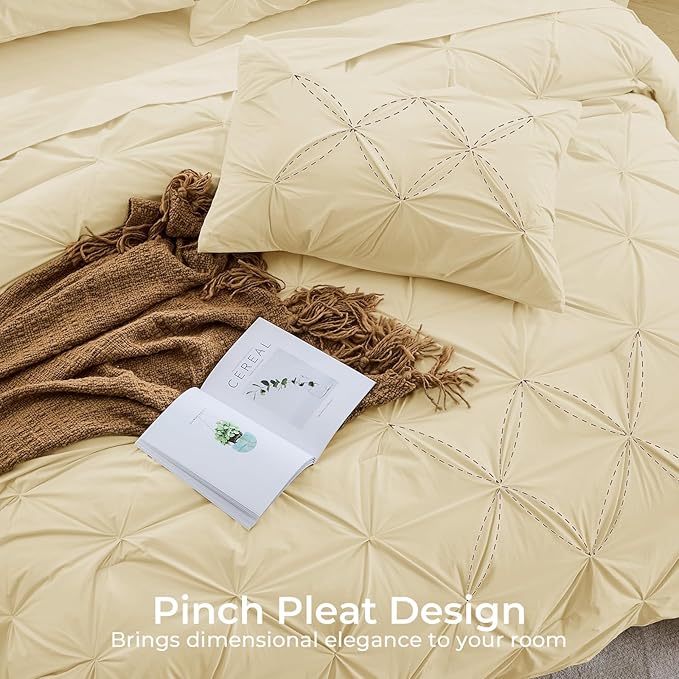 Sasttie California King Comforter Set, 7-Piece Bed in a Bag, Pintuck Bedding Sets for All Season, Includes Comforter, Flat Sheet, Fitted Sheet, Pillowcases and Pillowshams, Pale Yellow
