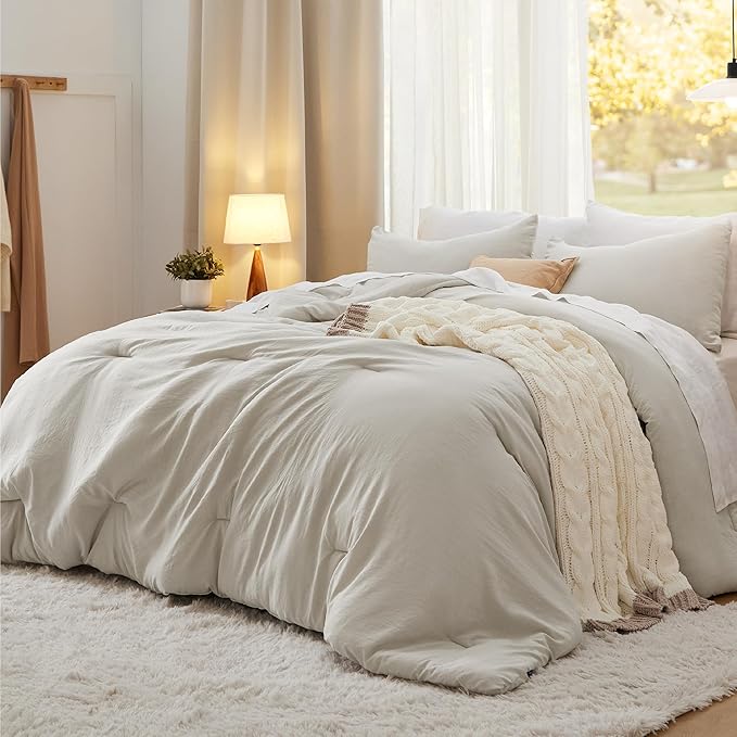Bedsure Oversized King Comforter Set, Beige Soft Prewashed Bedding for All Seasons, 3 Pieces GentleSoft™ Bed Set, 1 Lightweight Comforter (120"x98") and 2 Pillowcases (20"x36")