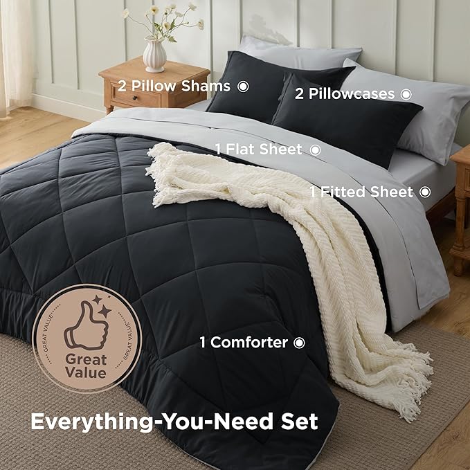 Bedsure King Size Comforter Set - 7 Pieces Reversible Black Bedding, King Size Bed Set for All Seasons, Bed in a Bag with Down Alternative Comforter, Sheets, Pillowcases & Shams