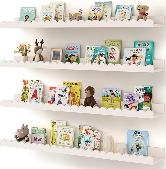 Shario Nursery Book Shelves, 4-Pack White Floating Shelves for Wall Kids, Scalloped Shelves, Wall Book Shelves for Bedroom Kids, Toddler Room, Baby Room, Nursery Decor (White, 36 Inches) by Shario