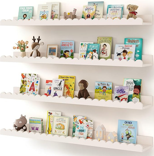 Shario Nursery Book Shelves, 4-Pack White Floating Shelves for Wall Kids, Scalloped Shelves, Wall Book Shelves for Bedroom Kids, Toddler Room, Baby Room, Nursery Decor (White, 36 Inches) by Shario
