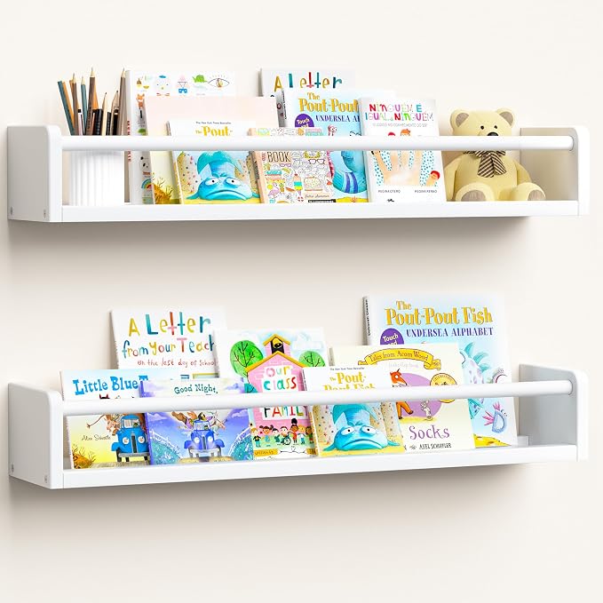 upsimples 2 Pack Nursery Book Shelves, 23.6 Inch Floating Bookshelves for Wall, Baby Nursery Decor, Small Solid Wood Wall Mounted Shelves for Baby Kids Boys Girls, White by upsimples