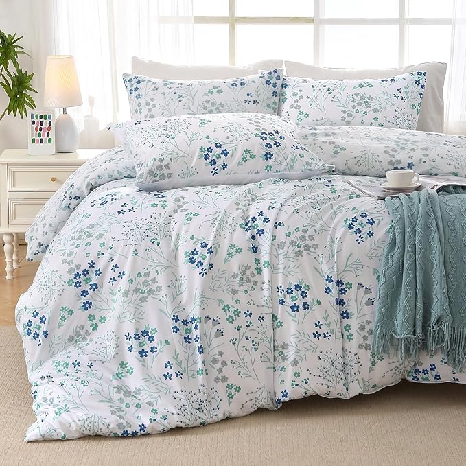 MUXHOMO Blue Flower Bed in a Bag Queen 7 Pieces, Queen Comforter Set Reversible Botanical Flowers Design, Ultra Soft & Breathable Bedding Sets with Comforter, Sheets, Pillowcases & Shams