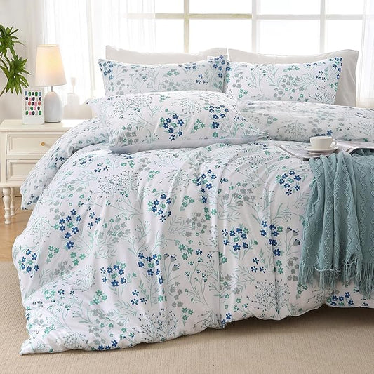 MUXHOMO Blue Flower Bed in a Bag Queen 7 Pieces, Queen Comforter Set Reversible Botanical Flowers Design, Ultra Soft & Breathable Bedding Sets with Comforter, Sheets, Pillowcases & Shams