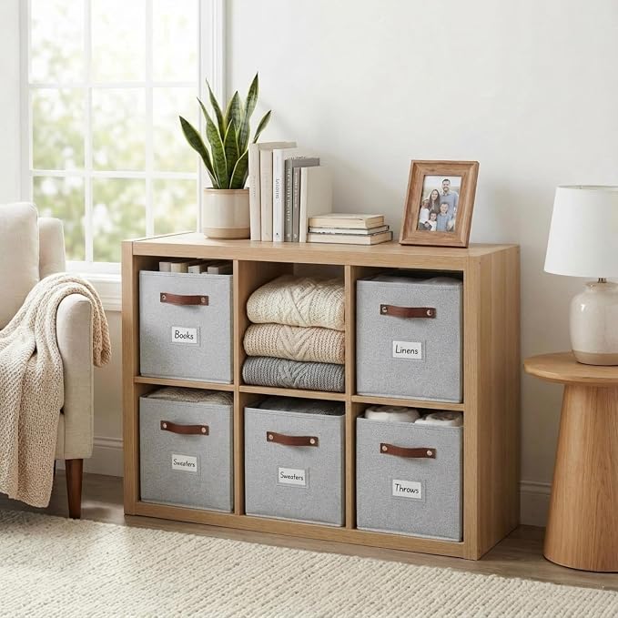 DECOMOMO Storage Bins, Cube Storage Bin with Labels, Fabric Storage Cubes for Shelves (11" / 6pcs, Light Texture Grey) - Image 2