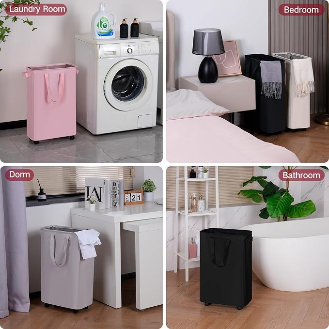 efluky Slim Laundry Hamper with Wheels, Rolling Laundry Basket for Clothes, Small Laundry Basket for Bedroom, Dorm and Laundry Room, 60L (12.7 Gallons) Pink - Image 6