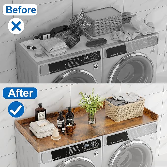 efluky Washer Dryer Countertop, Wood Countertop with Edge Rails for Laundry Room Organization and Storage, Washer Dryer Topper for Laundry Room, 27.5" x 54" Rustic Brown - Image 2
