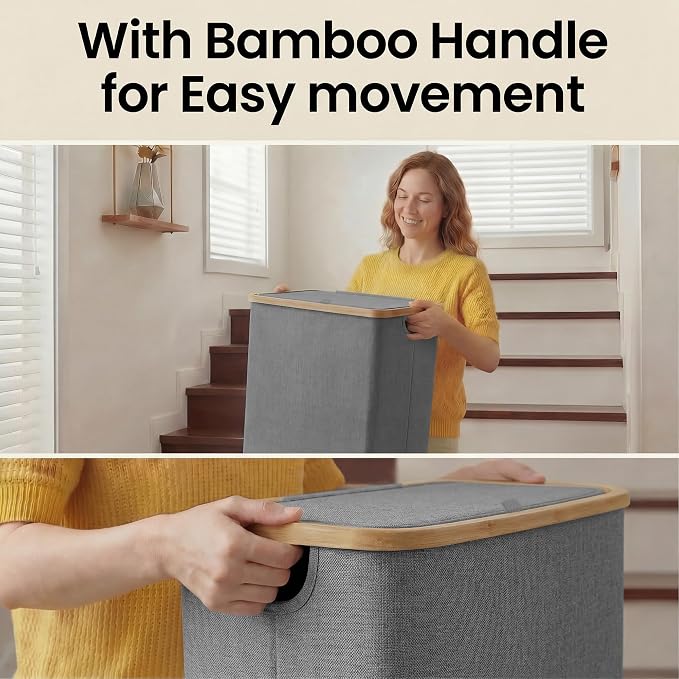 efluky Slim Laundry Basket with Lid, Narrow Laundry Hamper with Removable Bag, Skinny Dirty Clothes Basket with Bamboo Handles for Bathroom, Bedroom & Laundry Room, 65L Grey - Image 4