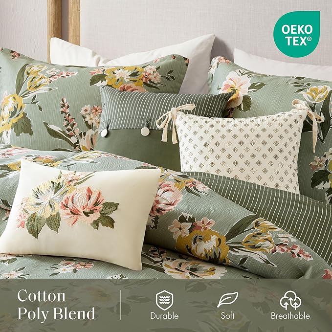 Madison Park Vintage Floral Reversible Comforters King Size Bed, All Season, Down Alternative Bedding Comforter, Bedskirt, Pillows, Shams, Salara, Cal King Green 7 Piece | Reversible