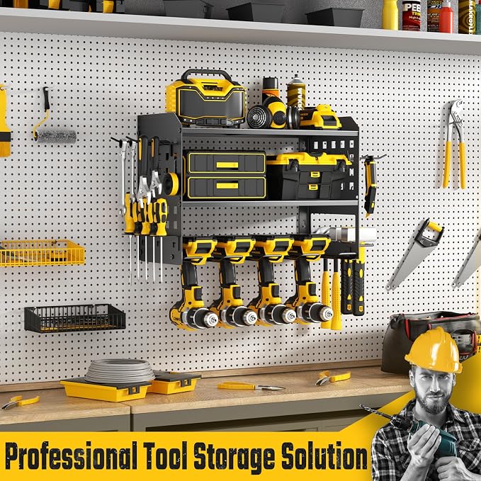 SUNALLY Power Tool Organizer, Heavy Duty Wall Mount Tool Organizer 3 Layers with 4 Drill Holders, Garage Tools Storage Rack with 2 Side Pegboards and Hooks for Workshop, Shed, Black - Image 7