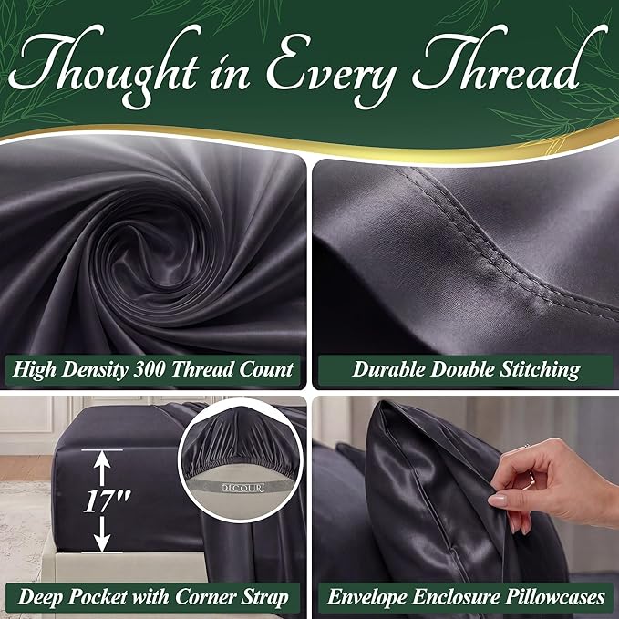 DECOLURE 100% Viscose Derived from Bamboo Sheets Queen Size - Luxury 6 Pc Naturally Cooling Sheets, Ultra Soft Bed Set - Deep 17" Pockets, Durable Double Stitching, Oeko Tex Standard (Charcoal)
