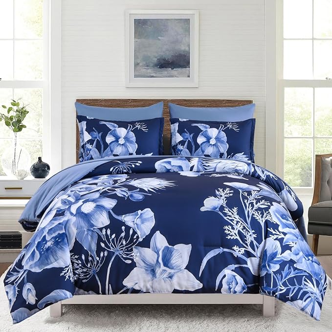 Luxudecor Floral Comforter Set Queen Size 7 Piece, Navy Blue Flower Bed in a Bag, Elegant Floral Comforter with Sheet Set, Soft Microfiber Bedding Set for All Season (Navy Blue, 90"x90")
