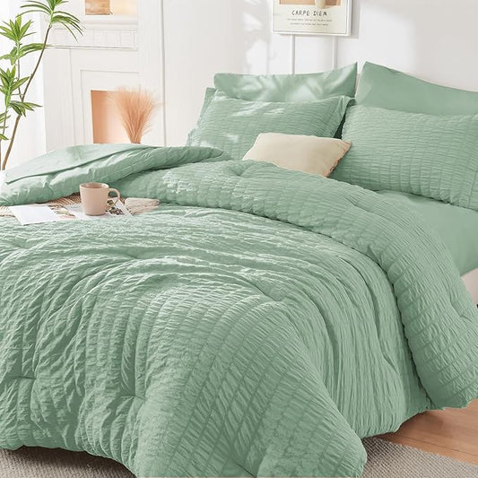 HYMOKEGE Sage Green California King Comforter Set Seersucker 7 Pieces, All Season Luxury Bed in a Bag for Bedroom, Bedding Set with Comforters, Sheets, Pillowcases & Shams