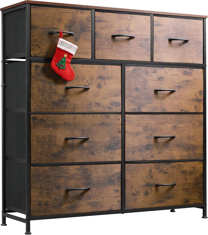 WLIVE 9-Drawer Dresser, Fabric Storage Tower for Bedroom, Hallway, Entryway, Closet, Tall Chest Organizer Unit with Fabric Bins, Steel Frame, Wood Top, Easy Pull Handle, Rustic Brown Wood Grain Print by WLIVE