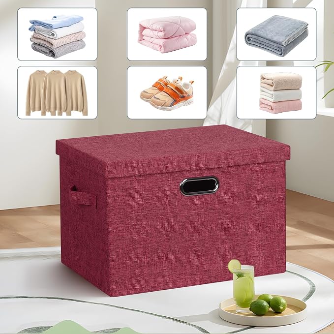 Graciadeco Large 17" 36 Quart Collapsible Stackable Storage Bins with Lids, 3 Packs Bright Red Linen Fabric Closet Boxes with Lids, Storage Cube Baskets Container Organizers for Office (17x12x11) - Image 6