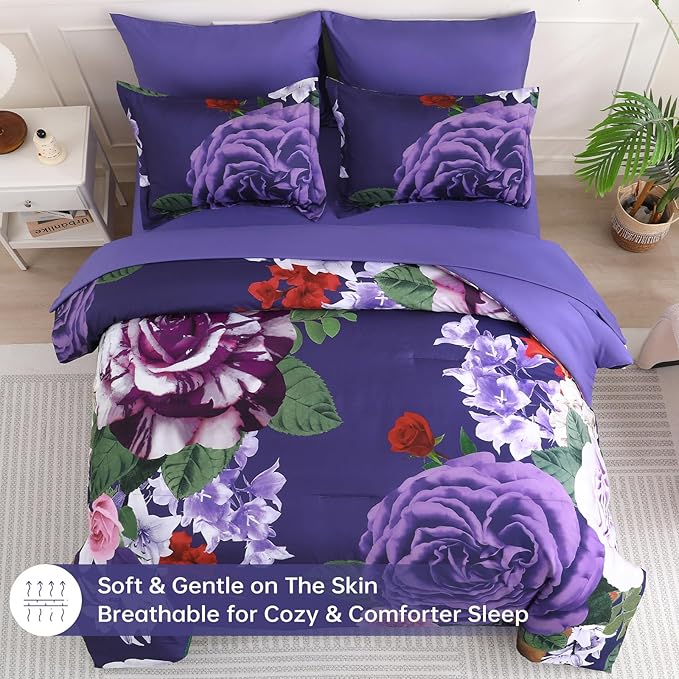 Drucon Dark Purple Floral Comforter King Size 7 Pieces Bedding Sets Bed in a Bag, Botanical Floral Comforter with Sheet Set, Soft Microfiber Bedding Set for All Season(Dark Purple, 104"x90")
