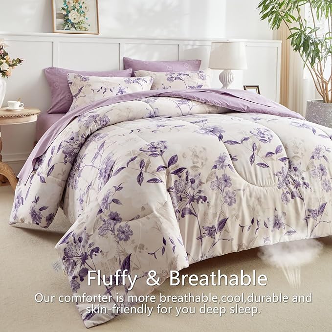 AIKASY 7-Piece Queen Size Bed in a Bag Comforter Set - Lilac Purple Floral Ensemble with Reversible Botanical Flowers Comforter, Sheets, Pillowcases & Shams