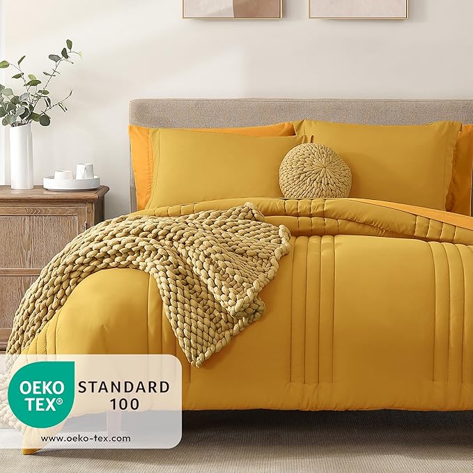 Monbix Queen Comforter Set - 7 Pieces Bright Yellow Bed in a Bag Queen Bedding Sets with Comforters, All Seasons Comforter Bed Set with Sheets,Pillowcases & Shams