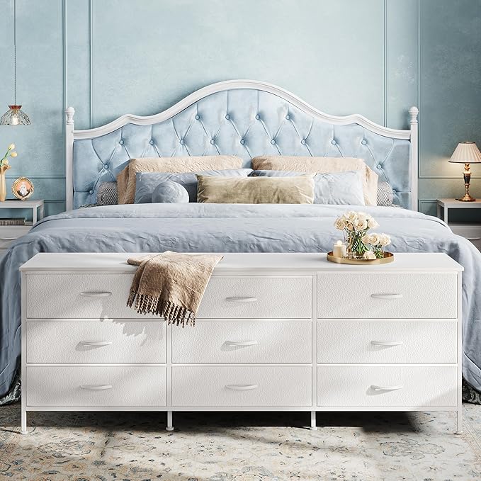 Huuger 63 Inch Dresser for Bedroom, Dresser for Closet with 9 Fabric Drawers, Large TV Stand for 55, 65, 70 Inch TV, Entertainment Center with Storage, Wide Long Chest of Drawers, White