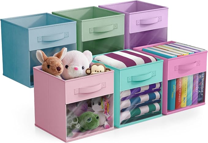 Sorbus 11 Inch Storage Bins with Clear Window - 6 Foldable Baskets for Organizing Clothes, Toys, Books - Sturdy Collapsible Fabric Storage Cubes with Handle - Storage Baskets for Shelves, Closets by Sorbus