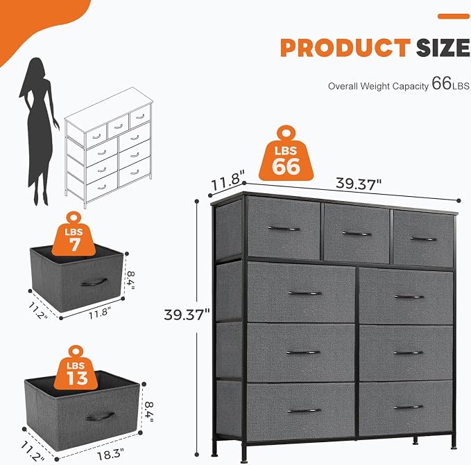 Sweetcrispy 9-Drawer Fabric Dresser Storage Tower with Wood Top and Steel Frame, Organizer Chest with Easy Pull Handles for Bedroom, Closet, Hallway,Modern Gray - Image 3