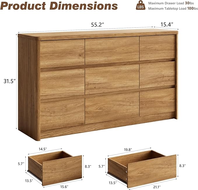 NowMais 3 Pieces of Dresser and Nightstand Set,55 Inch Width 9-Drawer Dresser & 2-Drawer Nightstands Set of 2,Nightstand with USB&Type C Charging Station&Outlets, Modern Design for Bedroom,Natural Oak