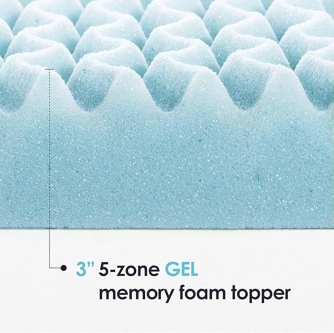Mellow 3 Inch 5-Zone Memory Foam Mattress Topper, Cooling Gel Infusion, Dorm Essentials, Queen Blue
