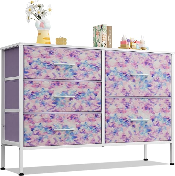 WLIVE Dresser for Bedroom with 5 Drawers, Wide Chest of Drawers for Bedroom, Fabric Dresser for Living Room, Closet, Hallway, Tie-dye Print (Pink, Purple, Blue)