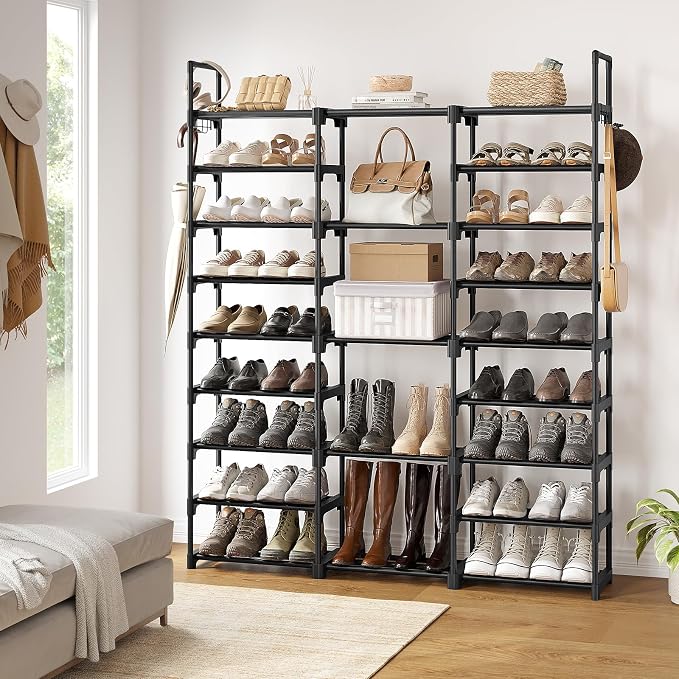 WOWLIVE 9 Tiers Large Shoe Rack Storage Organizer for Closet 50-55 Pairs Shoe Tower Unit Shelf Stackable Shoe Rack with Metal Pipes Plastic Connectors Black(SSS3B9) - Image 2