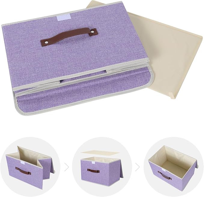 ANMINY 2PCS Storage Bins with Lid PU Leather Handles Storage Boxes PP Plastic Board Decorative Foldable Lidded Cotton Linen Fabric Home Cubes Baskets Closet Organizer Containers - Purple, Large Size - Image 8