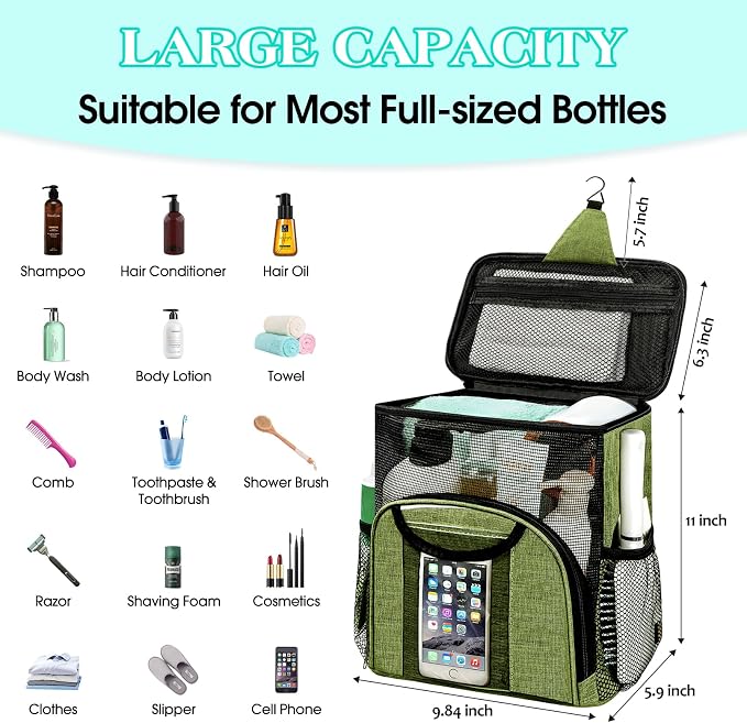 Attmu Portable Shower Caddy College Tote Bag, Quick Dry Hanging Toiletry Bag, Large Capacity Mesh Shower Caddy Portable for College Dorm Room Essentials for Boys and Girls for Bath Camping (Green) - Image 2